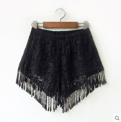 Tassel Lace Shorts Floral Crochet Beach Holiday Shorts Women Black White Elastic Waist Short Feminino