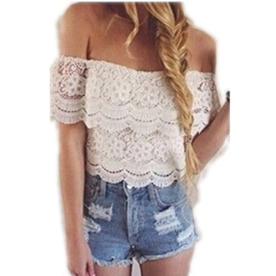 Sexy Shoulder Off Crochet Crop Top Lace Floral Sexy Blouse Women Lace Cropped Tops Regata Feminina