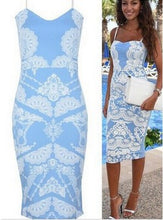 Plus Size Blue Spaghetti Strap Floral Dress Women Midi Dress Bandage Party Dresses Casual Dress