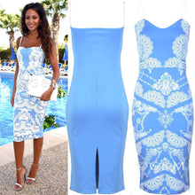 Plus Size Blue Spaghetti Strap Floral Dress Women Midi Dress Bandage Party Dresses Casual Dress