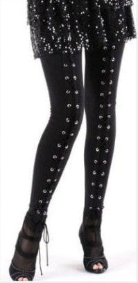 ~ Vintage Punk Women's Split Metal Cuffs Eyelets Lace Up Panelled Leggings Pants Long trousers