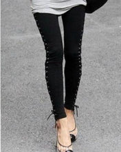 ~ Vintage Punk Women's Split Metal Cuffs Eyelets Lace Up Panelled Leggings Pants Long trousers