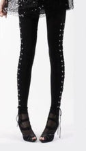 ~ Vintage Punk Women's Split Metal Cuffs Eyelets Lace Up Panelled Leggings Pants Long trousers