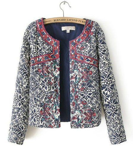Women's Red Embroidery Contrast Floral Print Paisley Jacket Ladies O neck Long sleeve Quilted Thin Padded Coats Suits