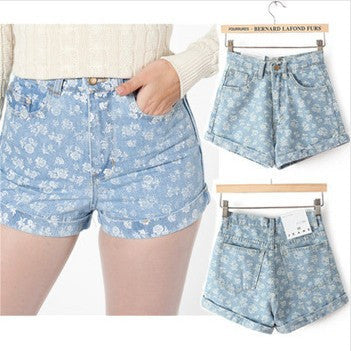 Vintage High Waisted Jean Shorts Retro Rose Print Denim Shorts Plus Size Women Shorts Blended Jeans Shorts
