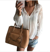 ling Women Hollow Out Chiffon Blouse Sexy Long Sleeve Shirts Lady Casual V-neck Loose Blusas With Strap M0227