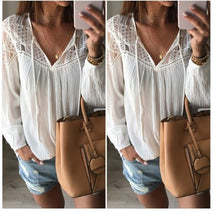 ling Women Hollow Out Chiffon Blouse Sexy Long Sleeve Shirts Lady Casual V-neck Loose Blusas With Strap M0227