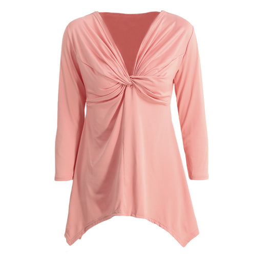 womens-plus-size-s-t-shirt-knot-tunic-top-v-neck-long-sleeve-sexy-top-solid-slim-casual-tee-white-pink-vestiti BBL