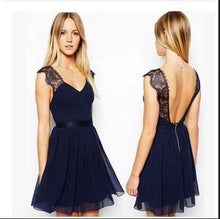 Women Sexy Dress Lace Pachwork Dress Plus Size Back Open Chiffon Dress With Lace Shoulder Strap