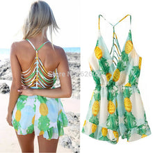 Sexy BOHO Pineapple Print Hollow Backless Cross Deep V neck Ruffles Short Jumpsuit Holiday Beach Rompers Playsuit