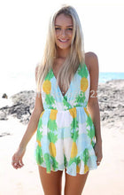 Sexy BOHO Pineapple Print Hollow Backless Cross Deep V neck Ruffles Short Jumpsuit Holiday Beach Rompers Playsuit