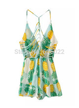 Sexy BOHO Pineapple Print Hollow Backless Cross Deep V neck Ruffles Short Jumpsuit Holiday Beach Rompers Playsuit