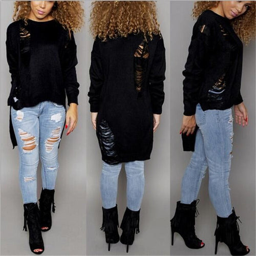 Irregular Tassel Sweater Dress Women Ripped Knitted Sweaters Pullovers Long Sleeve Casual Hollow Out Sweater GV263