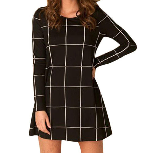 Women Long Sleeve Tartan Check Print Flared Swing Dress