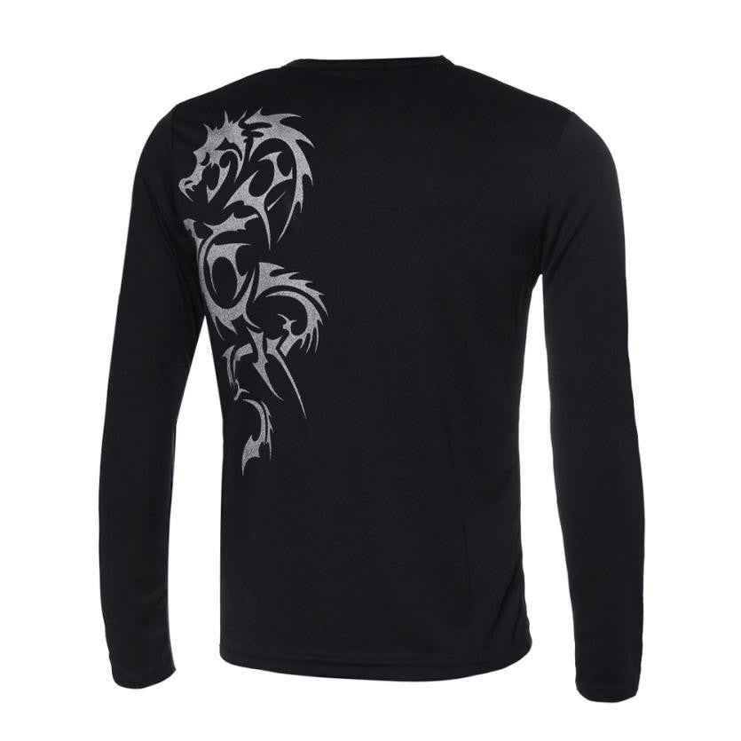 Fashion Mens Slim Fit Round Neck Long Sleeve Tattoo Print Casual T-Shirt