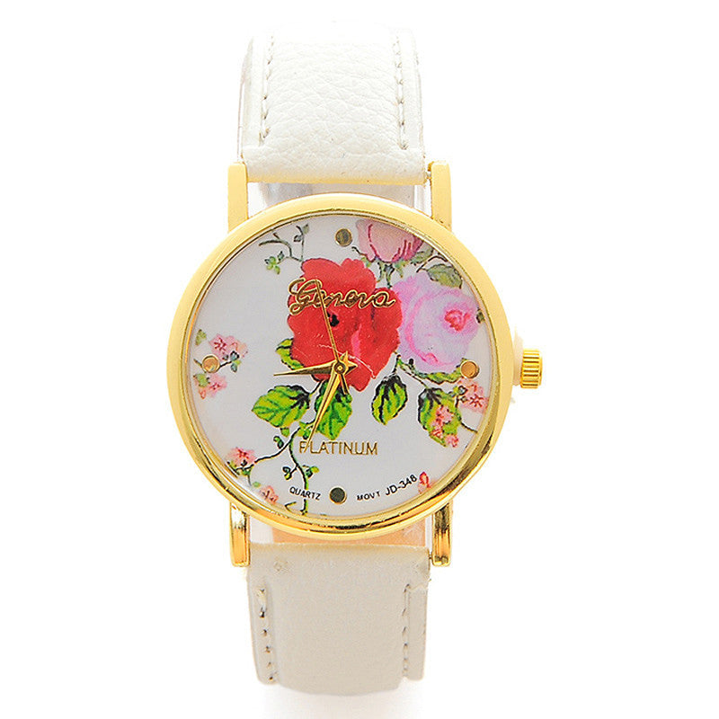 Fashion Women PU Leather Rose Flower Pattrern Watch Quartz WristWatches Gift 6 Colors