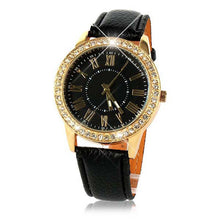 Fashion Women's Bling Gold Crystal Women Luxury Leather Strap Quartz Wrist Watch