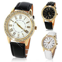 Fashion Women's Bling Gold Crystal Women Luxury Leather Strap Quartz Wrist Watch