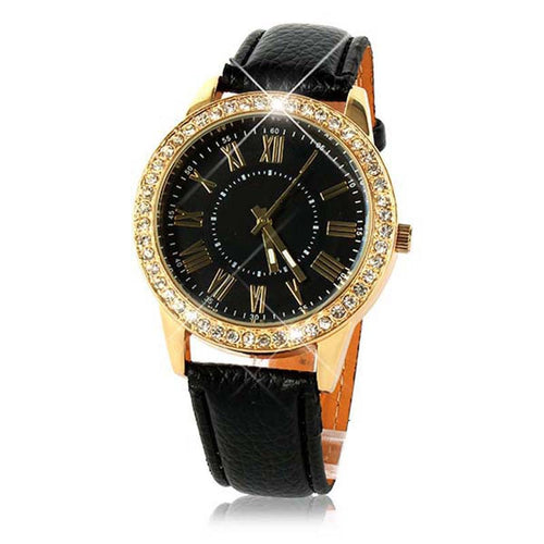 Fashion Women's Bling Gold Crystal Women Luxury Leather Strap Quartz Wrist Watch