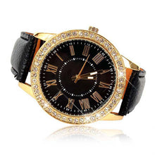 Fashion Women's Bling Gold Crystal Women Luxury Leather Strap Quartz Wrist Watch