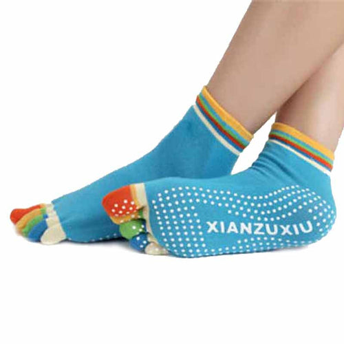 Womens 5-Toe Colorful Exercise Non Slip Massage Toe Socks With Full Grip Pilates Socks