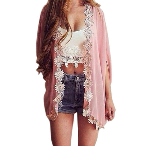 Fashion Design Women Ethnic Lace Flower Loose Kimono Cardigan Jacket Blouse Tops