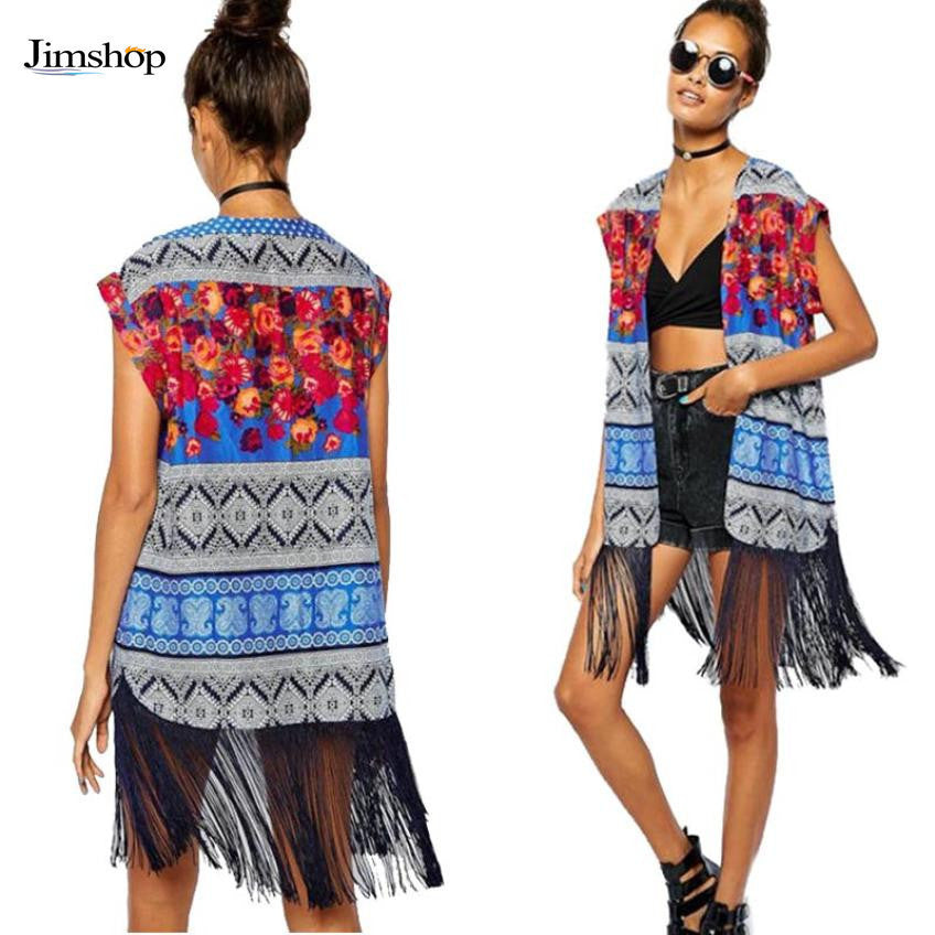 Fashion The Ethnic Style Blouses Print Mode Sleeveless Contrast Color Shirt Cardigan Tassel Kimono