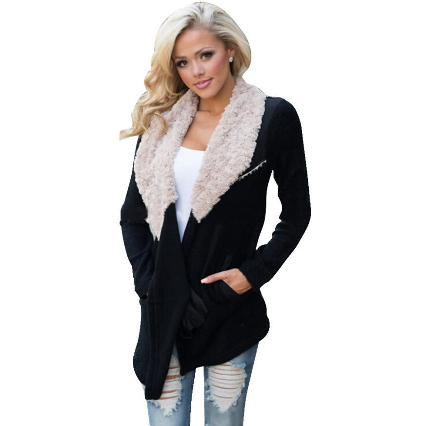 Patchwork Women's Fur Collar Outwear Cardigan Coat Black