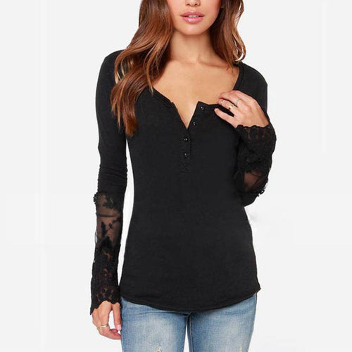Shirt Women Casual Splicing Long Sleeve Lace Loose Chiffon Tops Shirt Black And Blue Color Plus Size