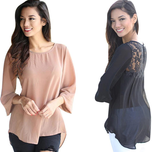 Women Long Sleeve Chiffon Casual Blouse Shirt Tops Lace Blouses Fast Shipping