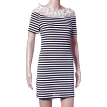 Women Off Shoulder Fashion Black and White Striped Short Sleeve Straight Short Casual Dress