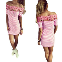 Women Off Shoulder Fashion Black and White Striped Short Sleeve Straight Short Casual Dress