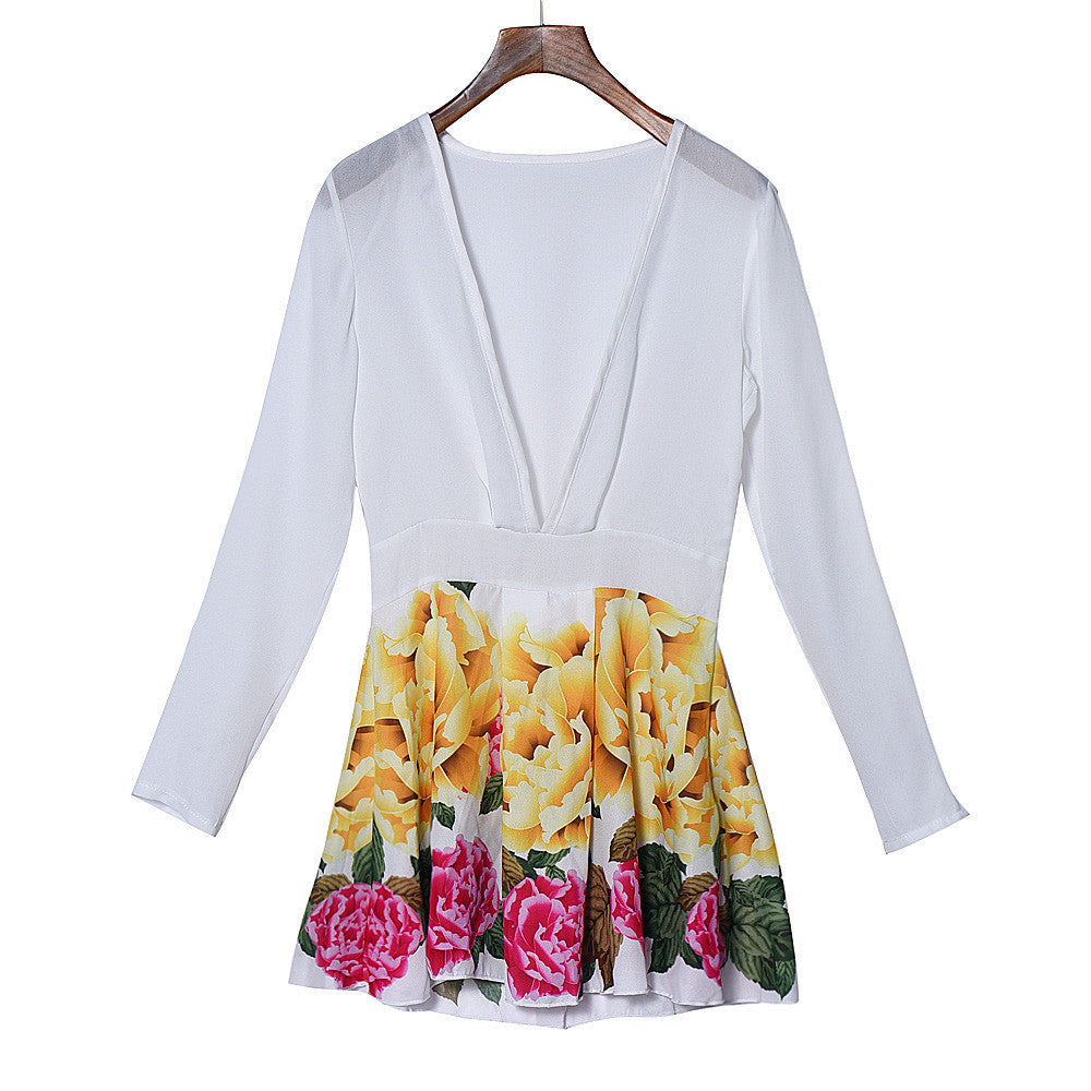 S/M/L/XL Clothes China Women Chiffon Long Sleeve Party Flower Print Casual Dress Mini Dress