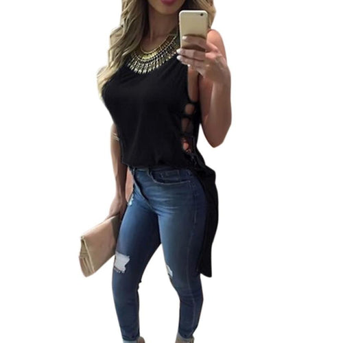 Sexy Womens Casual Chiffon VTop Sleeveless Hollow Blouse Tank Tops