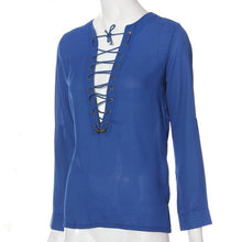 Womens V-Neck Chiffon Shirts Long Sleeve Loose Lace Up Blouse Tops