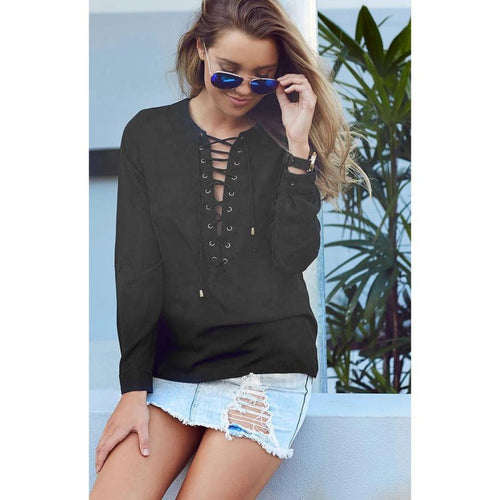 Womens V-Neck Chiffon Shirts Long Sleeve Loose Lace Up Blouse Tops