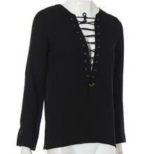 Womens V-Neck Chiffon Shirts Long Sleeve Loose Lace Up Blouse Tops
