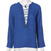 Womens V-Neck Chiffon Shirts Long Sleeve Loose Lace Up Blouse Tops
