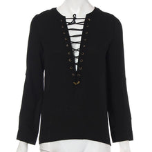 Womens V-Neck Chiffon Shirts Long Sleeve Loose Lace Up Blouse Tops