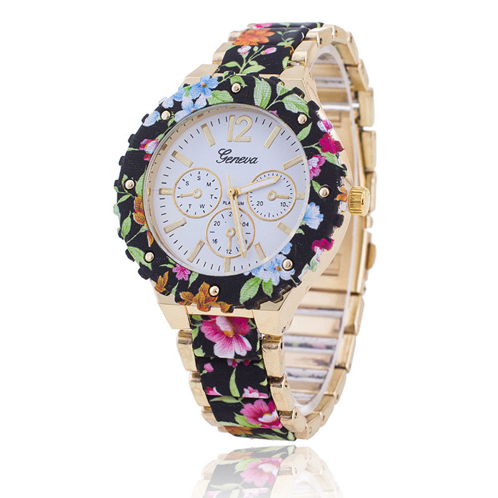 fashion Women Geneva Flower Print Style Analog Quartz Wrist Watch Fast Shipping