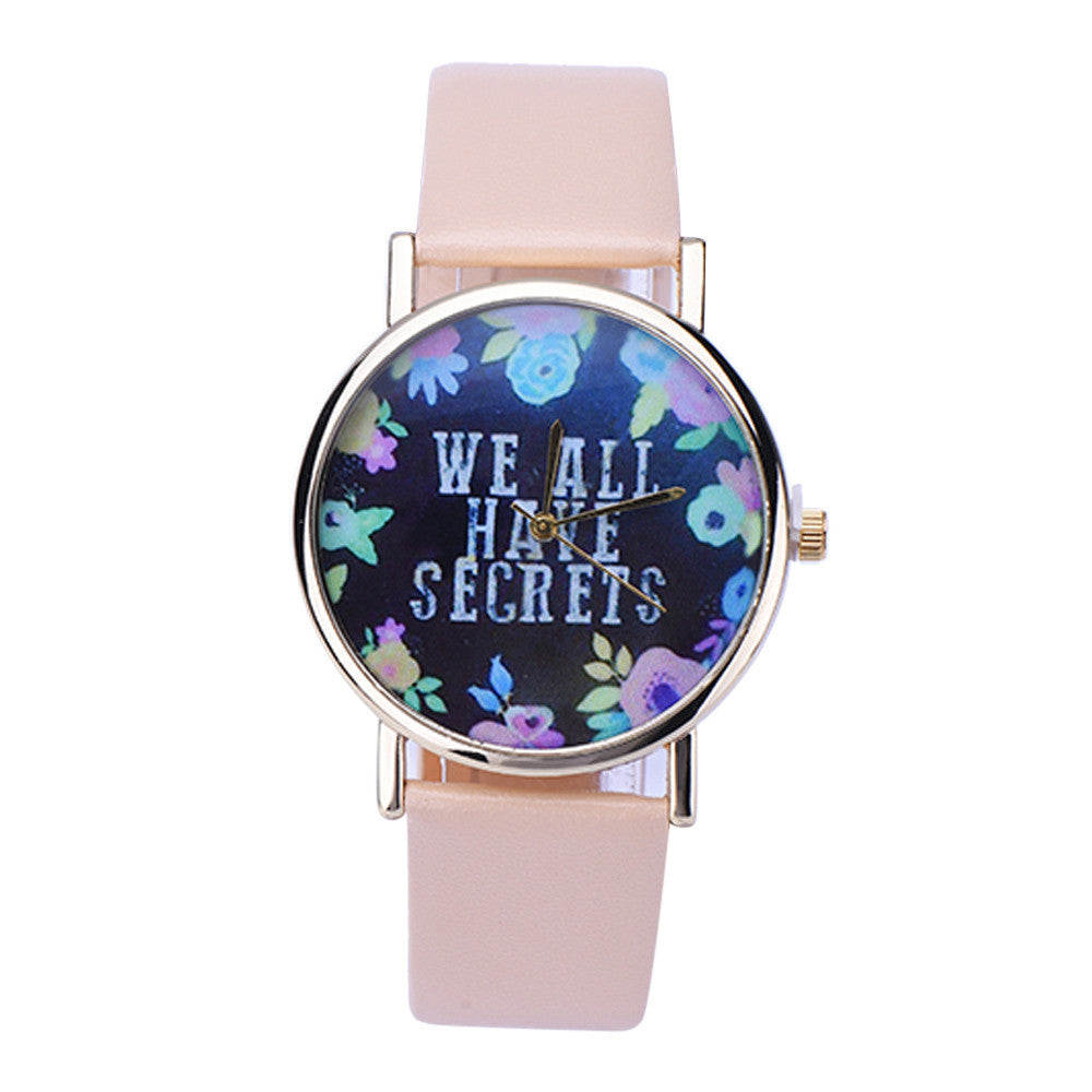 ing Women Leisure Fashion Collocation Letters Leather Wrist Watch Flower Print Analog Quartz Watch Tables