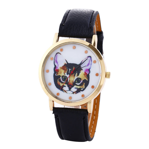 Cat Printed Women Men Fashion Leather Band Analog Quartz Vogue Wrist Watches Watch