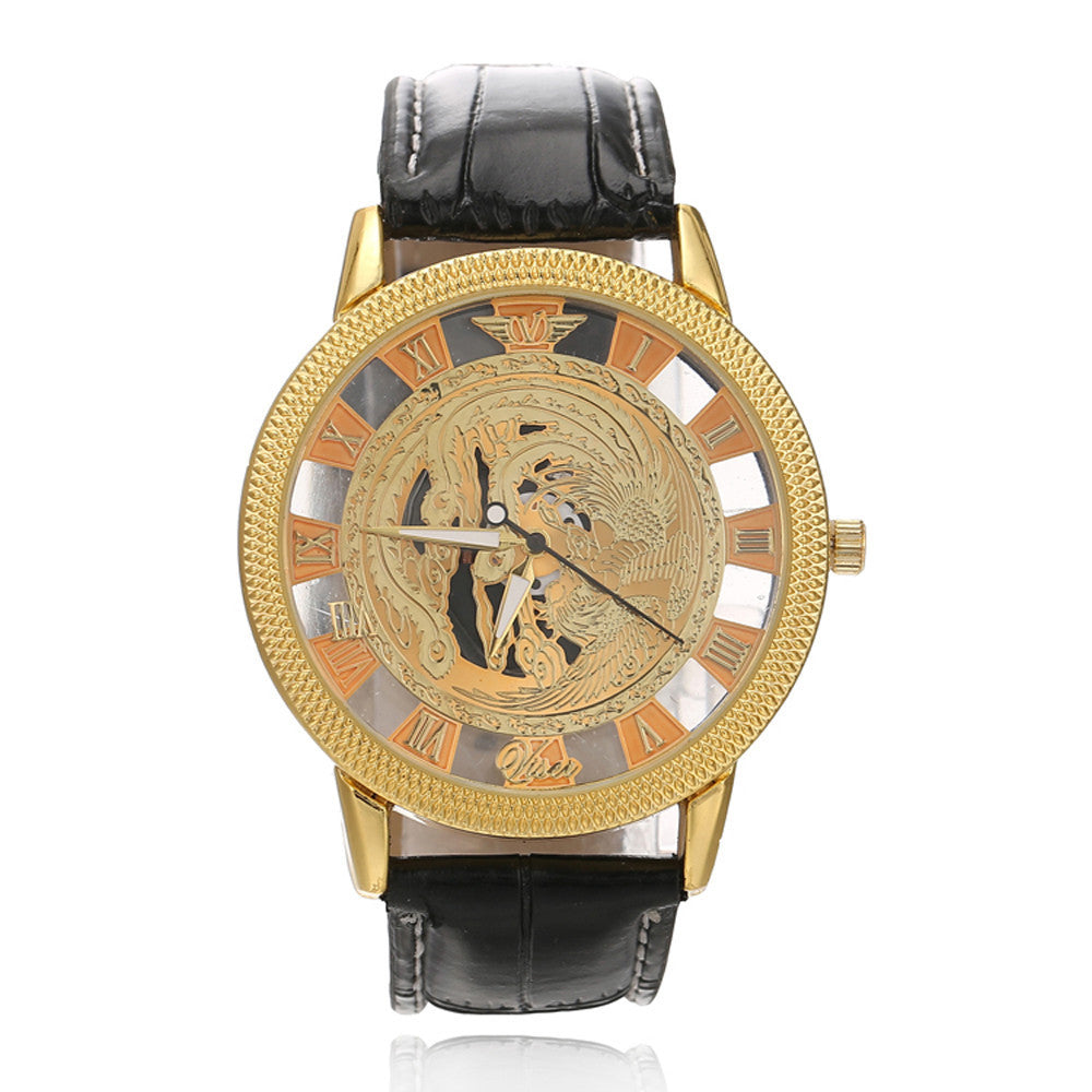 Fashion Luxury Phoenix Rome Digital Leather Hollow Dial Quartz Wrist Watch Business Clock