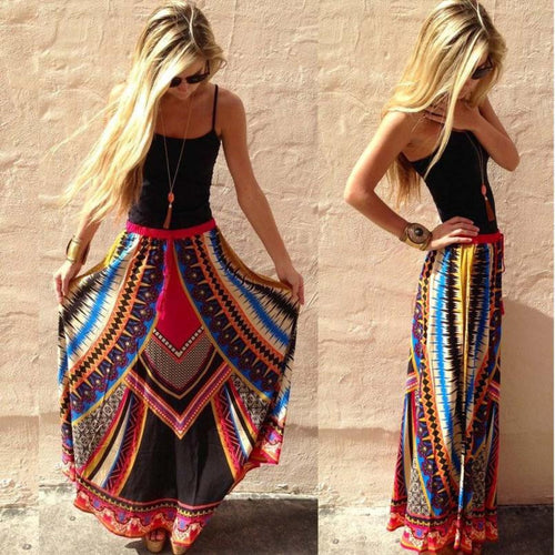 Fashion Women Vintage Print Bohemian Maxi Long Waist Skirts Plus Size