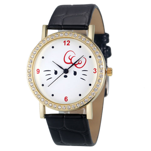 Fashion Women Diamond Cat Analog Leather Quartz Wrist Watch Watches&