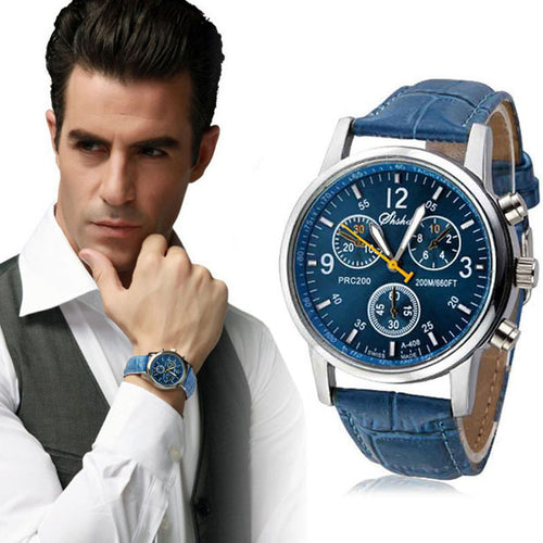 Luxury Fashion Leather Mens Analog Watch Watches Blue &