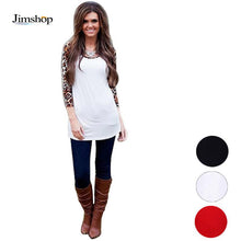 Sexy Women Leopard Splice Three Quarter Puff Sleeves Round-neck Loose Tops