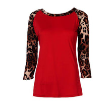 Sexy Women Leopard Splice Three Quarter Puff Sleeves Round-neck Loose Tops