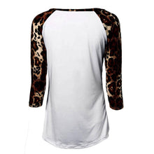 Sexy Women Leopard Splice Three Quarter Puff Sleeves Round-neck Loose Tops