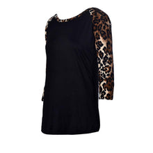 Sexy Women Leopard Splice Three Quarter Puff Sleeves Round-neck Loose Tops